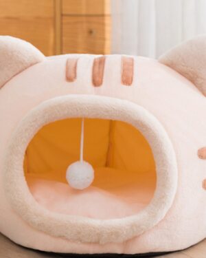 Cat Winter Warm Bed Cat Shape Soft Comfortable Wear-resistant Semi Enclosed Cat House Pet Supplies Pink L 50 x 50 x 36