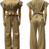 African Print Round Neck Slim Waist Short-Sleeve Top + Loose Cargo Pants Set