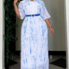 African Women Printed Turndown Collar Long Sleeve Chiffon Dress with Belt