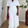 African Women's V-Neck Puff Sleeve Lace-Up Slim Waist Solid Color Trendy Pleated Maxi Dress