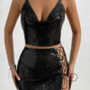 Autumn Sexy Metallic Sequins Lace-Up Two Piece Night Club Skirt Set