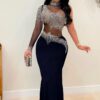 Fall Sexy Black Sequins One Shoulder High Neck Long Dress