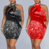 Fashion Women's Solid Color Mesh Beaded Feather Club Dress