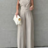 Halter Neck Top + Solid Straight-Leg Pants Two-Piece Set