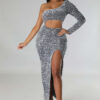 One Shoulder Trendy Sequin Sexy Crop Slit Women'S Party Dress