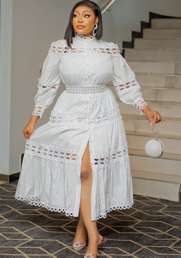 Plus Size Women Vintage Hollow Lace Patchwork Solid Round Neck Loose Long Dress