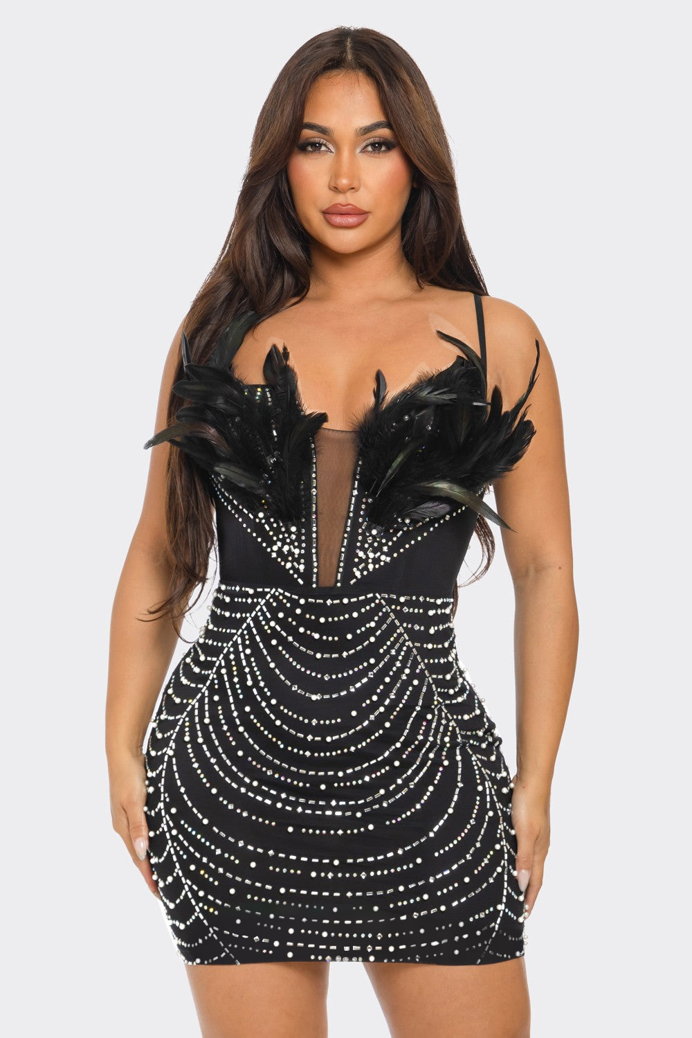 Sexy Beaded Feather Pearl Strap Bodycon Dress