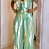Summer Color Block Printed Short Sleeve Lace-Up Top Wide Leg Pants Two-piece Set