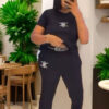 Summer Flocked Print Short Sleeve T-shirt + High-Waist Pants Matching Outfit