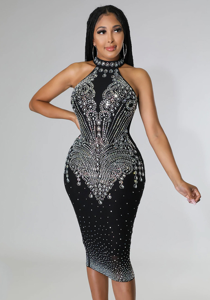 Summer Ladies Sex Club Sleeveless Halter Neck Beaded Midi Dress
