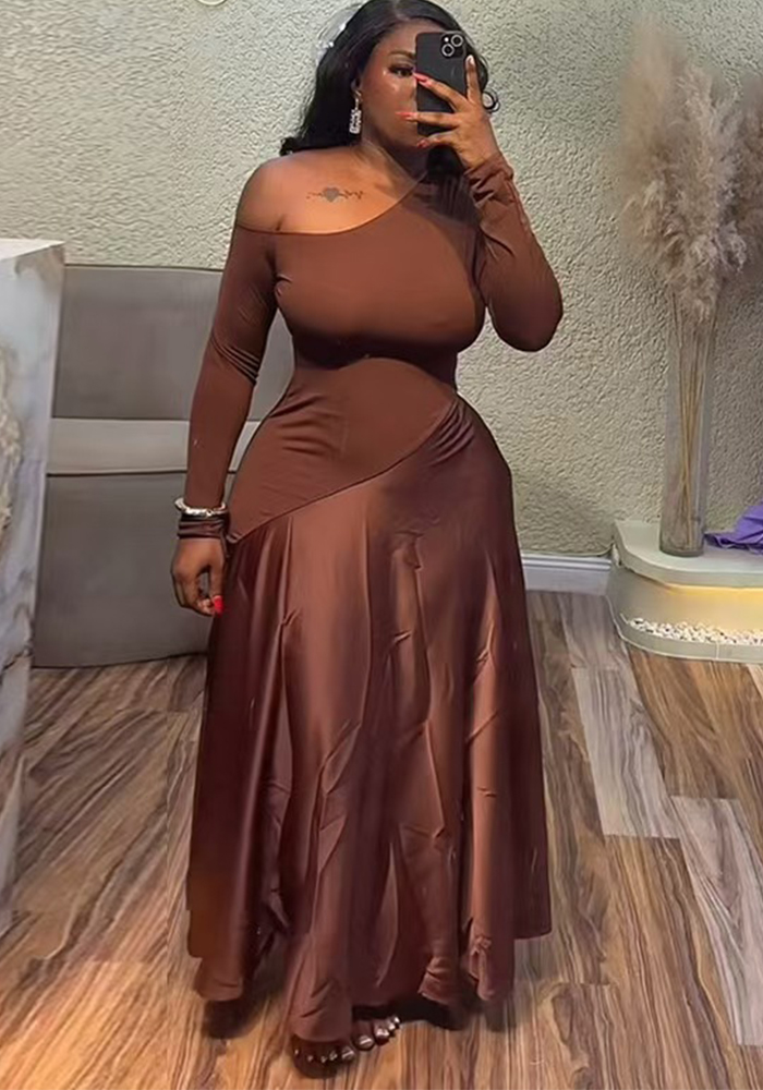 Summer Women's Solid Color Chic Slash Shoulder Sexy Maxi Dress