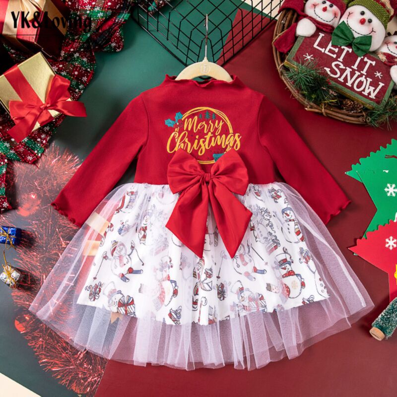 Wholesale 2-7Y Toddler Girls Christmas Bow Long Sleeve