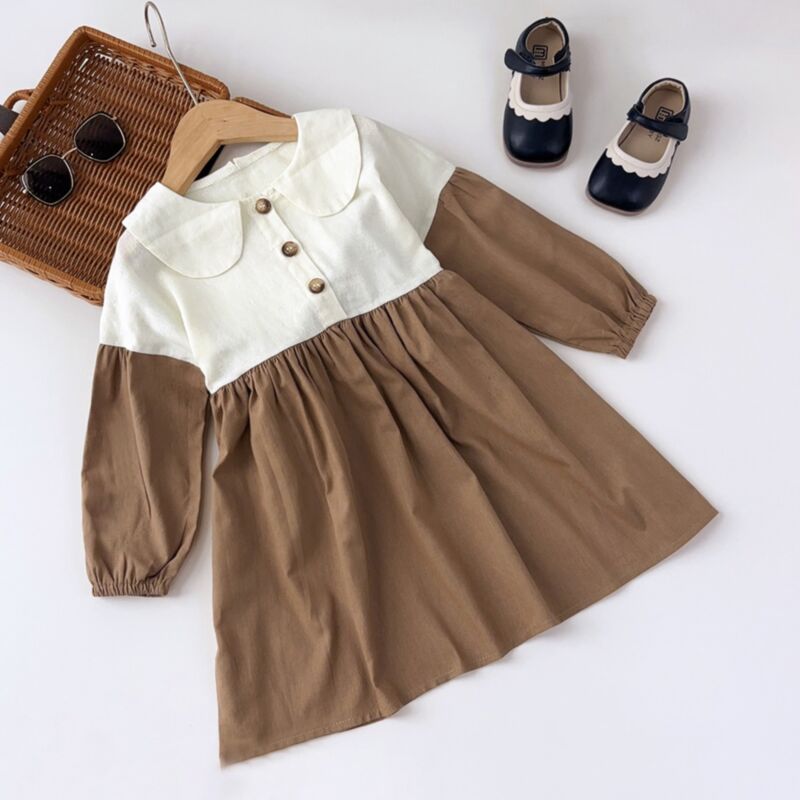 Wholesale 2-7Y Toddler Girls Long Sleeve Button Colorbl