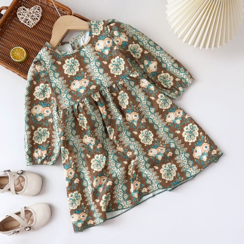 Wholesale 2-7Y Toddler Girls Retro Floral Contrast Long