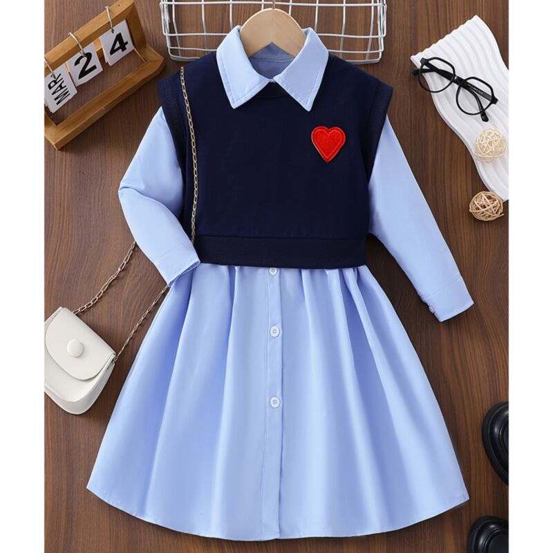 Wholesale 3-10Y Kids Girls College Fake Two Piece Knit