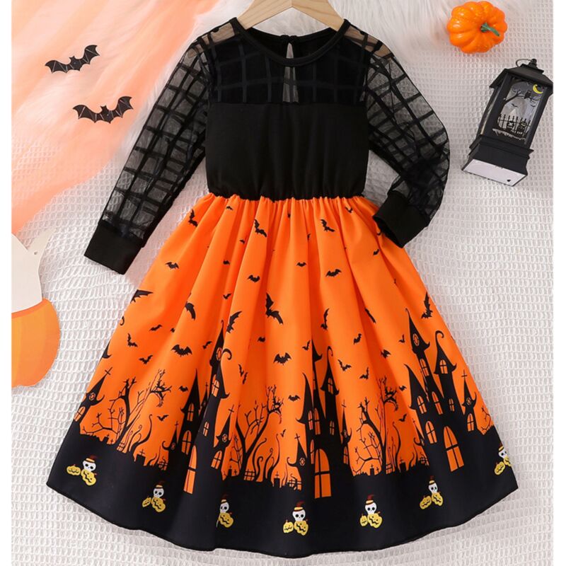 Wholesale 3-10Y Kids Girls Halloween Yarn Grid Print Ca