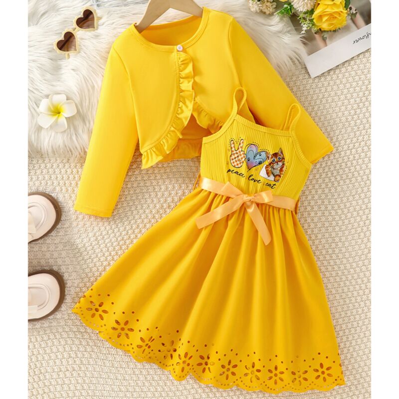 Wholesale 3-10Y Kids Girls Sets Ruffled Cardigan Cat Pr