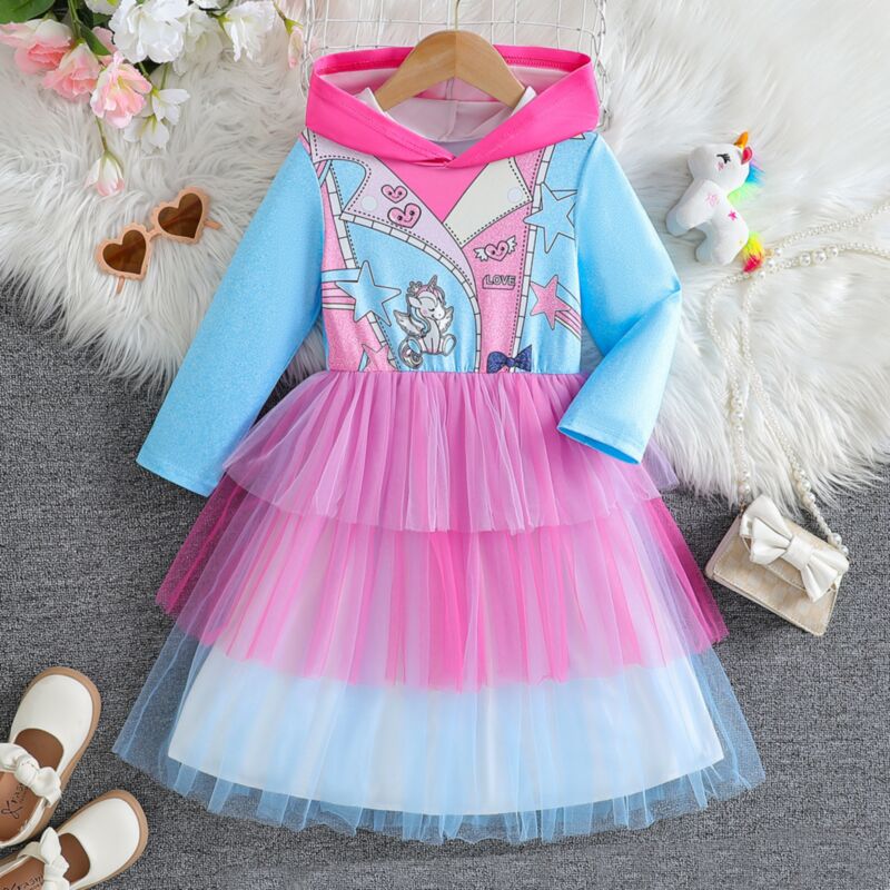 Wholesale 3-10Y Kids Girls Unicorn Printed Mesh Long Sl