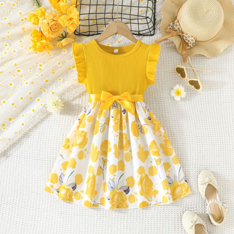 Wholesale 3-7Y Toddler Girls Floral Print Ribbed Dresse