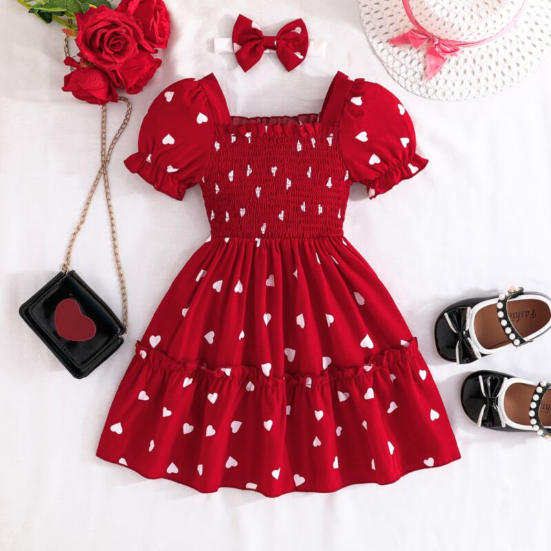 Wholesale 3-7Y Toddler Girls Heart Print Puff Sleeve Bo