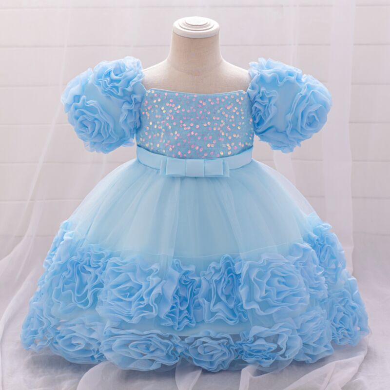 Wholesale 4-8Y Kids Girls Bow Puff Sleeve Sequins Mesh