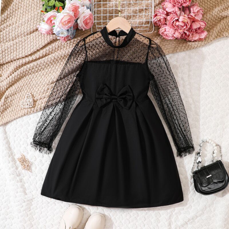 Wholesale 4-9Y Kids Girls See-Through Mesh Bow Dress Wh