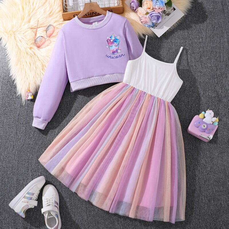 Wholesale 7-12Y Big Girls 2pcs Cartoon Unicorn Long Sle