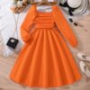Wholesale 7-12Y Big Girls Square Neck Long Sleeve Dress