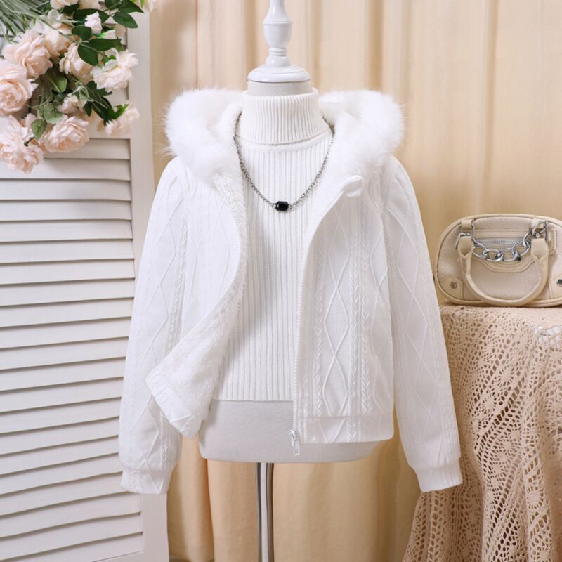 Wholesale 7-12Y Kids Girls White Plush Hooded Zip-Up Ja