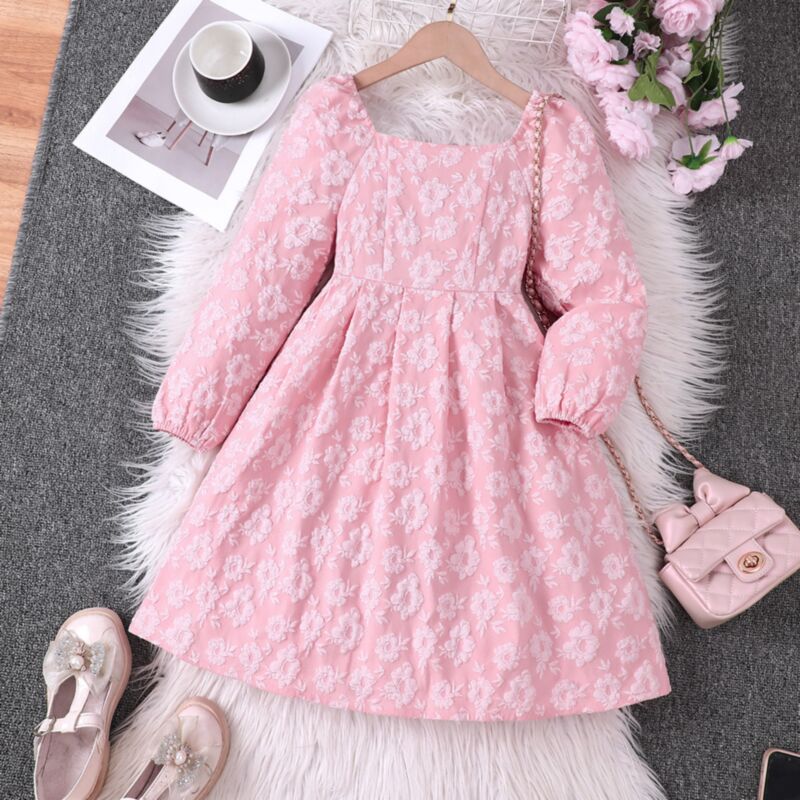 Wholesale 7-14Y Kids Girls Pink Square Collar Long Slee