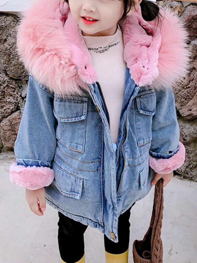Wholesale Kid Girl Faux Fur Collar Hooded Demin Coat Wh