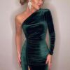 Winter Green One Shoulder Slit Ruched Velvet Party Dress