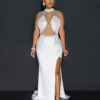Women Beaded Mesh See-Through Patchwork Sleeveless Slit Dress