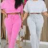 Women Casual Round Neck Top Lace-Up Pant Two-piece Set