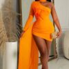 Women Feather One Shoulder Slash Shoulder Dress