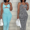 Women jacquard striped lace-up Crop Top and pencil pants two-piece set