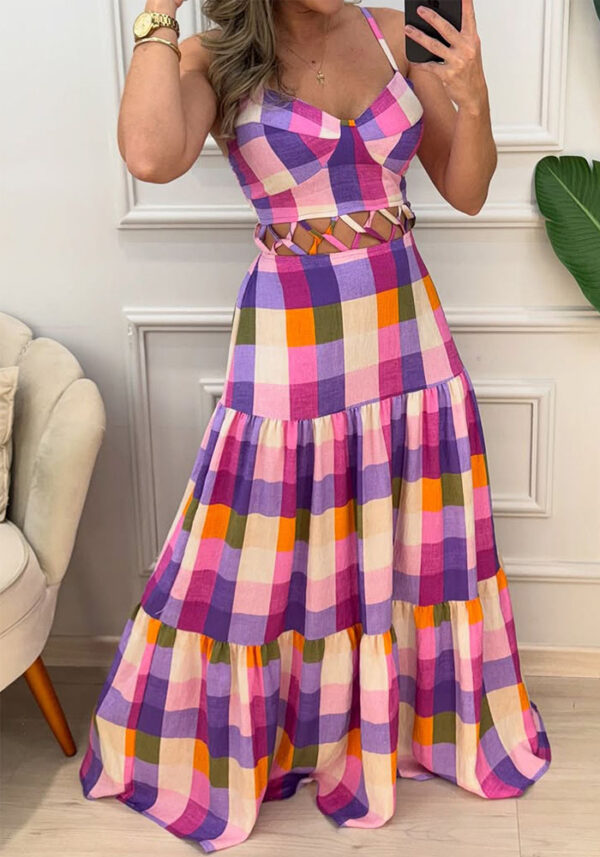 Women Plaid Print Suspender Holidays Casual Dress