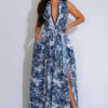 Women printed sexy slit flowing bohemian dress with belt