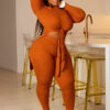 Women Ribbed Lace-Up Round Neck Long Sleeve Top and Pant Two Piece