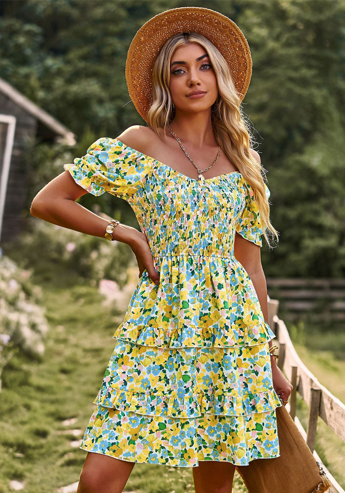 Women Romantic French Short Sleeve Cascading Ruffles Dress