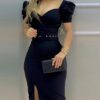 Women Sexy Bubble Sleeves Square Collar With Belt Bodycon Dress