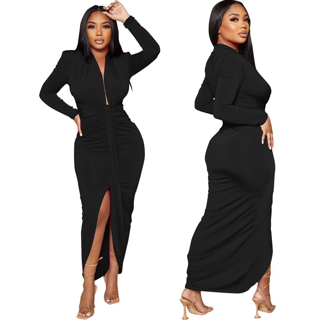 Women Sexy Deep V Neck Belt Slit Dress