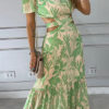Women Sexy Print Off Shoulder Hollow Lace-up Dress
