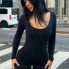 Women Sexy Square Neck Long Sleeve Bodycon Solid Jumpsuit