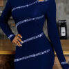 Women Spring Blue Sexy O-Neck Long Sleeve Beading Mini Club Dress