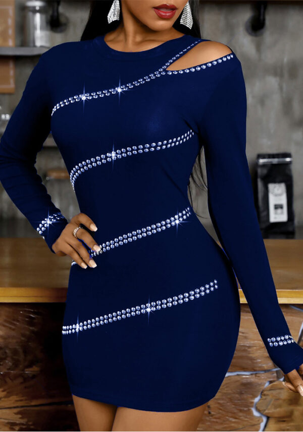 Women Spring Blue Sexy O-Neck Long Sleeve Beading Mini Club Dress