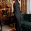 Women Spring Sexy Halter Neck Backless Lace-Up Solid French Evening Dress