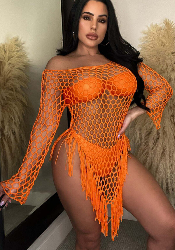 Women Summer Crochet Fringe Net See-Through Beach Dress