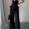 Women Summer Elegant Strapless Contrast Color Top and Pants Two Piece Set