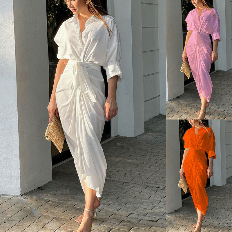 Women Summer Solid Sexy Pleated Shirt Dress